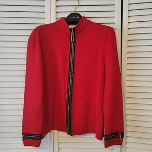 St. John Red Bomber Jacket with Gold Zipper Accents